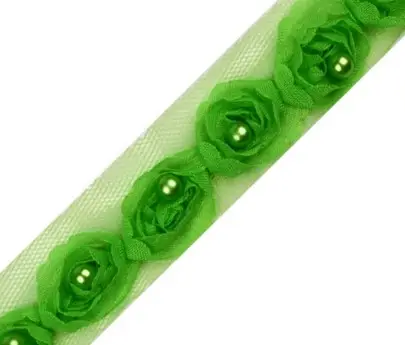 Prýmka na tyle ružičky s perličkou 20mm/zelená hrášková