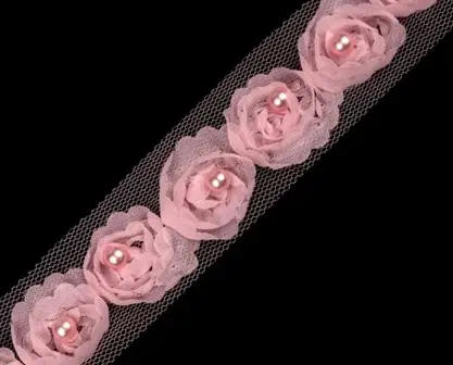 Prýmka na tyle ružičky s perličkou 20mm/ružová svetlá
