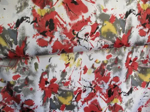 Satén elastický hrubý bavlna zmes Denisa abstrakt/bielo- červený