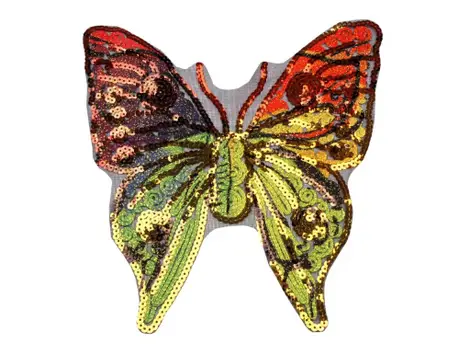 Aplikácia našívacia veľká flitre a lurex motýľ 23x23cm/oranž- zelený