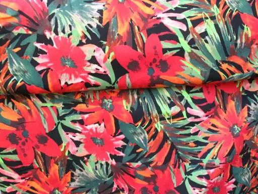 Plátno bavlna elastické hrubšie 15047kvety a palmy/čierno- army- červené