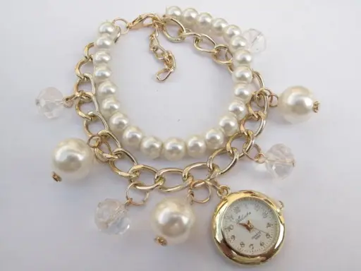 Hodinky - prívesok na náramku perly+ retiazka 20cm/zlato- biele