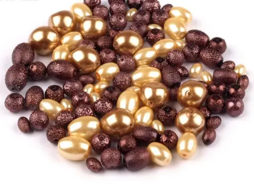 Korálky sklenené perly voskované nugety, oválky mix 4-15mmx50g/hnedé