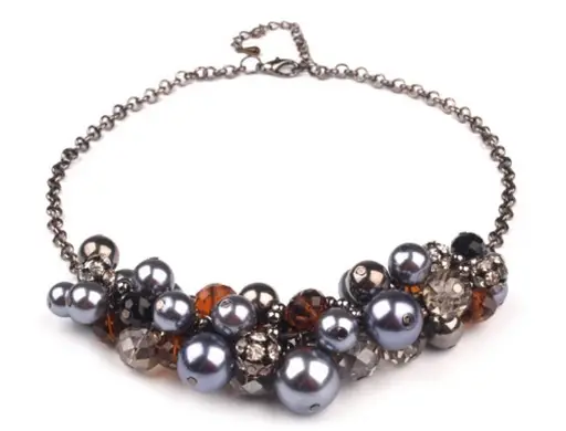 Náhrdelník retiazka perly a brúsené korálky 3x45cm/čierny nikel- bordovo- šedý