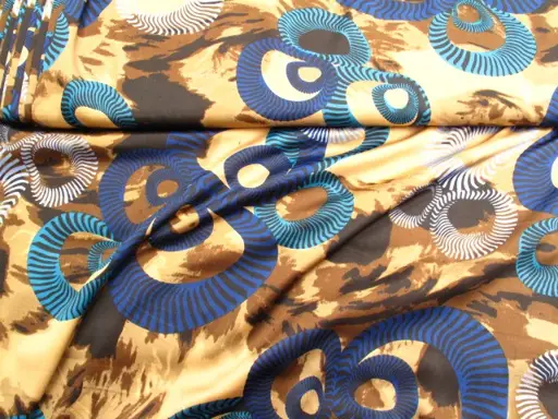 Satén elastický špirály na batike/zlato- nugát- modrý tmavý