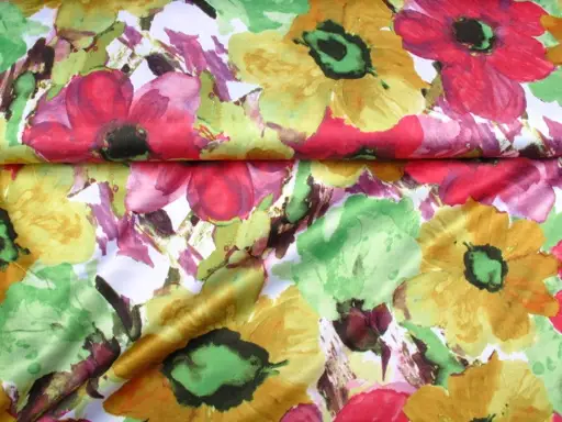Plátno bavlna elastické hrubšie satén batikové kvety/žlto- zeleno- cyklamén