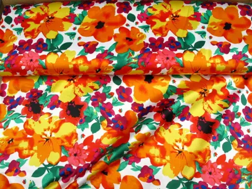 Plátno bavlna elastické hrubšie satén kvety 14009/žlto- oranž- fuksia- biele
