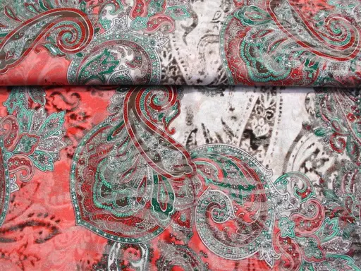 Úplet Polyester elastický lesklý Naomi oriental/zeleno- kapučino- béžovo- koralový