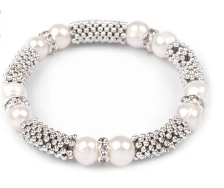 Náramok elastický perly a kovové korálky 15cm/strieborno- biely perleťový