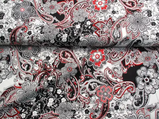 Plátno bavlna elastické hrubšie satén kašmírový vzor/čierno- bordo- biele