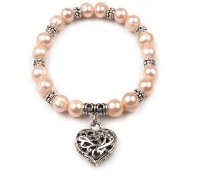 Náramok elastický perly s príveskom srdce 18mm/lososový perleťový