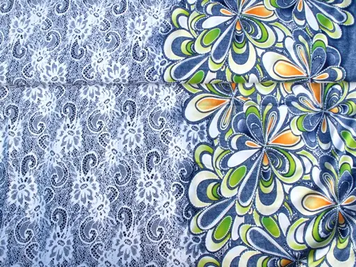 Úplet Polyester elastický tlač plastická krajková s bordúrou/bielo- limetka- oranž- indigo