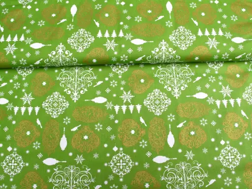 Vianočná bavlnená látka stromčeky a ornamenty/zlato- bielo- hrášková zelená