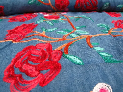 Riflovina košeľová pevná celoplošná výšivka ruže/ružovo- smaragd- červeno- indigo svetlá