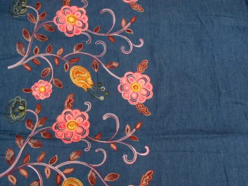 Riflovina košeľová pevná bordúra výšivka kvety/ružovo- zeleno- žlto- indigová