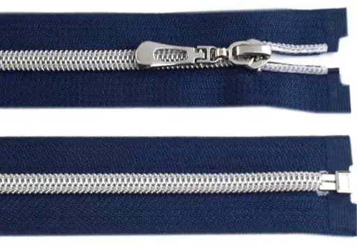 Zips ozdobný špirálový deliteľný ozdobné tiahlo 7mmx60cm/strieborno- tmavomodrý