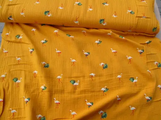 Gázovina pevná dvojitá žeriavi 19002/zeleno- smotanovo- zlatožltá