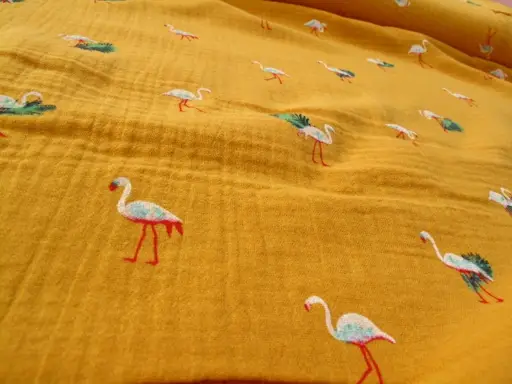 Gázovina pevná dvojitá žeriavi 19002/zeleno- smotanovo- zlatožltá