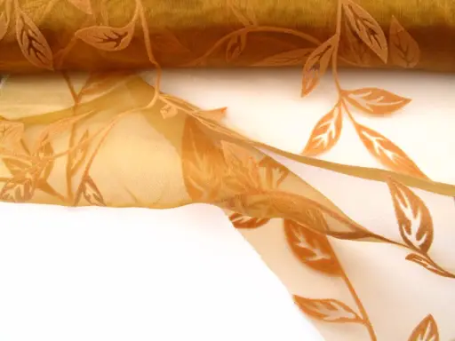 Organza rezaná zamatová potlač listy 38cmx9m/karamelová tmavá