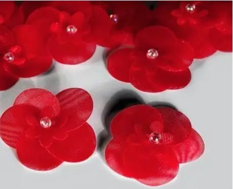 Ruža organza 2D s perličkou 25mm/červená
