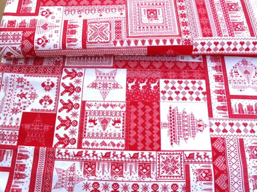 Dekoračka bavlna zmes Merry Christmas/smotanovo- červená