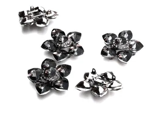 Gombík štrasový kovový ozdobný kvet 43mm/čierny nikel- kryštal- čierny