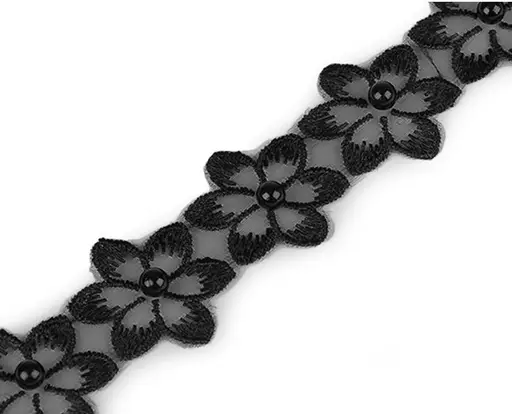 Krajka vyšívaná na monofile kvet s perlou 35mm/čierna