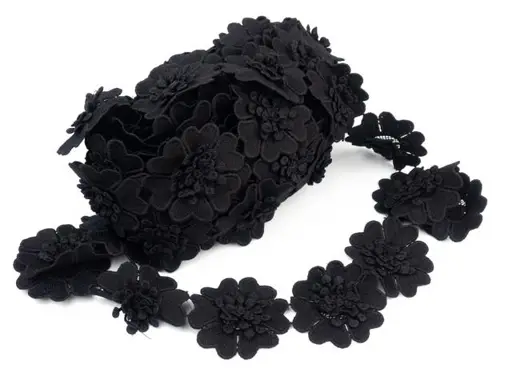 Krajka vzdušná 3D srdiečkové kvety 60mm/čierna