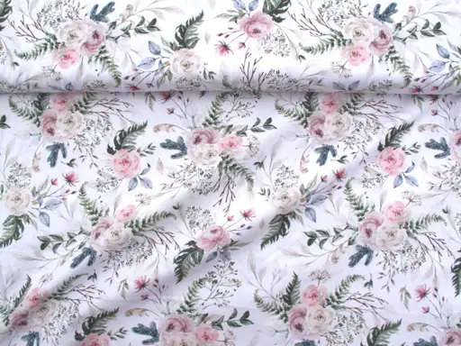 Bavlnené plátno obliečkovina kytice ruží/oceľovo- ružovopúdrovo- army- biele