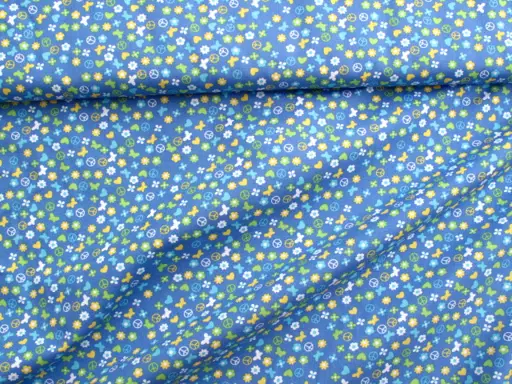 Poplín elastický Bavlna drobné srdiečka kvietky/žlto- limetkovo- svetlomodro- indigo modrý
