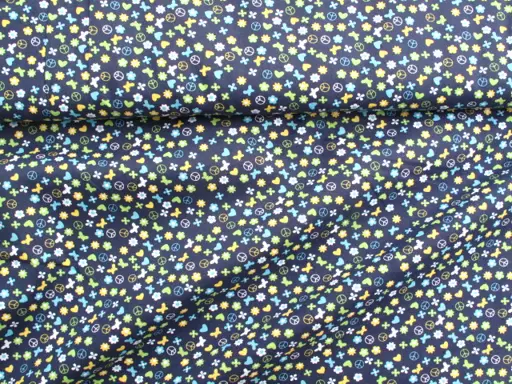 Poplín elastický Bavlna drobné srdiečka kvietky/žlto- limetkovo- svetlomodro- tmavomodrý indigo