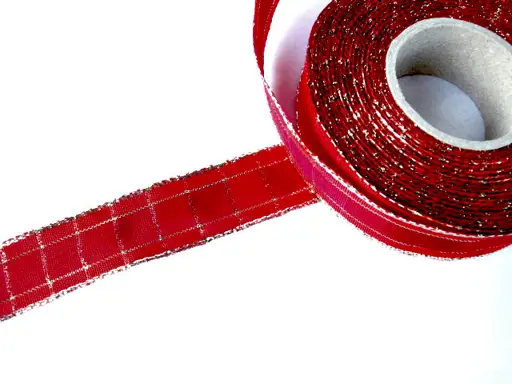 Stuha vianočná s drôtom károvaná 25mm/bordovo- zlato- červená