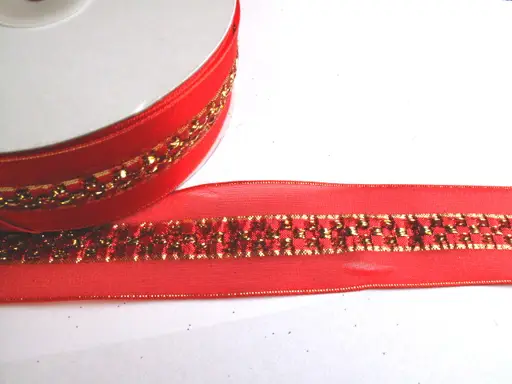 Stuha vianočná s drôtom monofilová s brokátom 40mm/zlato- červená