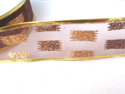 Stuha vianočná s drôtom organza s glitrami pruhy 40mm/zlato- čokoládová