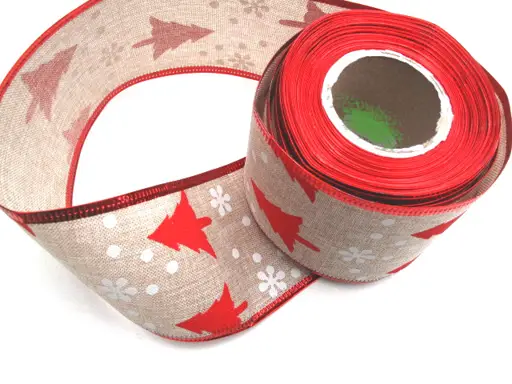 Stuha vianočná s drôtom plátno stromčeky 60mm/červeno- bielo- béžová svetlá