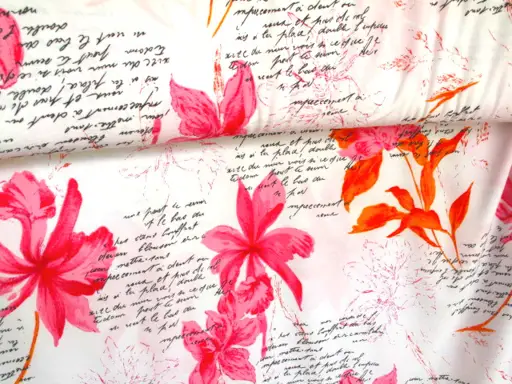 Úplet Polyester elastický tlač popis s kvetmi/oranž- ružovo- čierno- biely