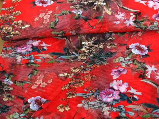 Úplet Polyester elastický plisé Shanghai ruže dúhované/ružovo- béžovo- červený