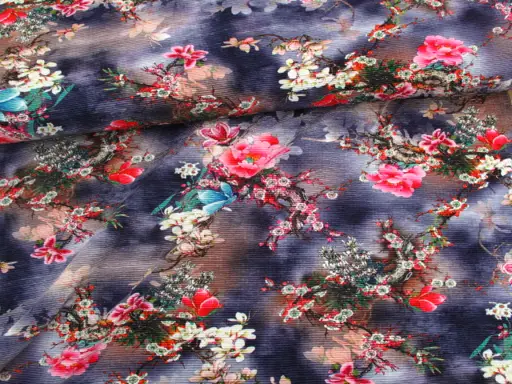 Úplet Polyester elastický plisé Shanghai ruže dúhované/ružovo-béžovo- tmavomodrý
