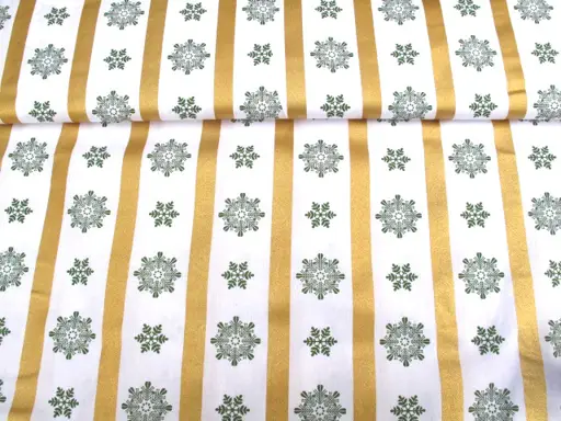 Vianočná bavlnená látka vločky a pruhy/zlato- zeleno- biela